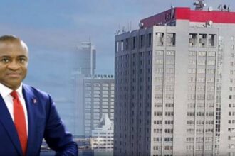 A photo of UBA CEO, Oliver Alawuba and UBA headquarters building