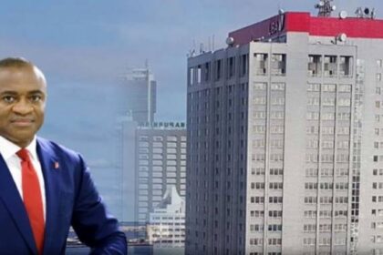 A photo of UBA CEO, Oliver Alawuba and UBA headquarters building