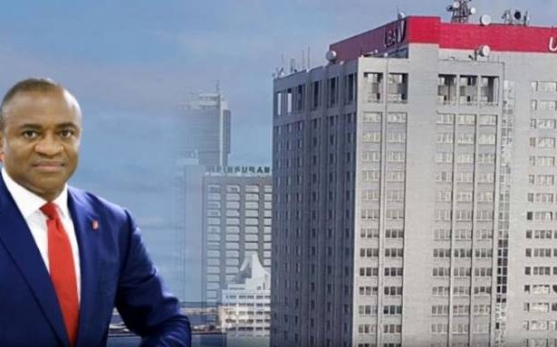 A photo of UBA CEO, Oliver Alawuba and UBA headquarters building