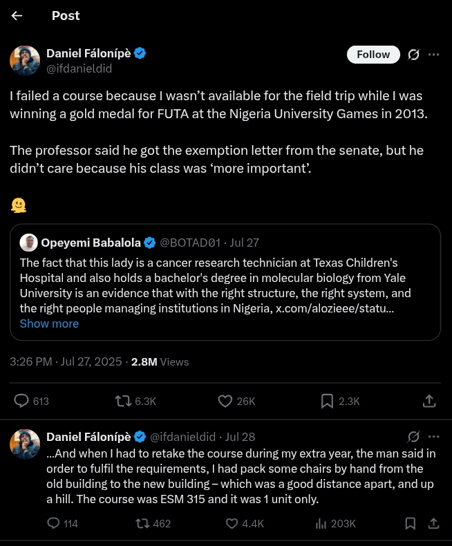 Futa Graduate Calls Out Lecturer Who Failed Him Despite NUGA Exemption