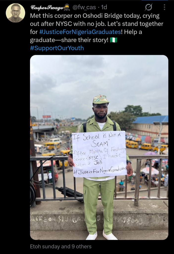 Graduate Takes Job Hunt To Oshodi Bridge After NYSC Frustration