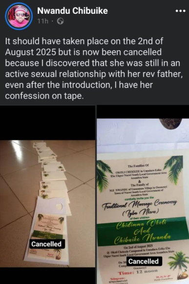 Man Calls Off Wedding After Discovering Fiancée’s Alleged Affair With Reverend Father
