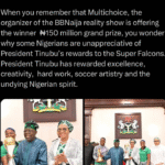 Tinubu’s Aide Defends Super Falcons’ Rewards, Compares Them to ₦150m BBNaija Prize