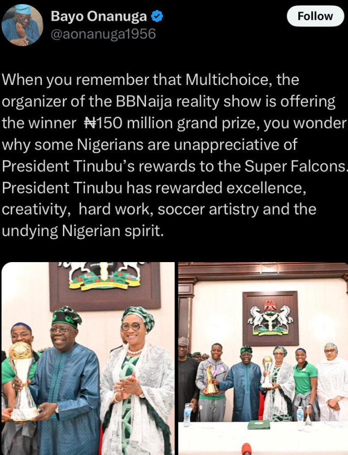 Tinubu’s Aide Defends Super Falcons’ Rewards, Compares Them to ₦150m BBNaija Prize