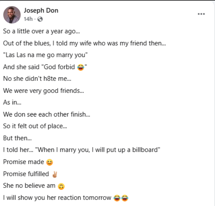 “You Are Mine Forever” – Nigerian Man Rents Billboard to Celebrate Wife After Wedding’