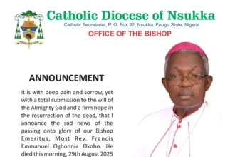 Bishop emeritus Of Nsukka Catholic Diocese, Francis Okobo is dead