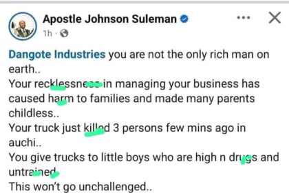 Dangote in hot seat again: Apostle Suleman blasts Billionaire as truck accident kills 3 in Auchi