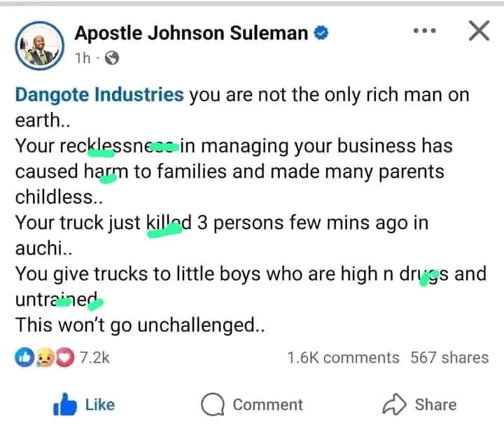 Dangote in hot seat again: Apostle Suleman blasts Billionaire as truck accident kills 3 in Auchi