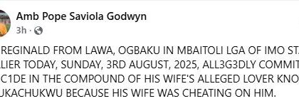 Man Commits Su!cide Over His Wife’s Alleged Infidelity in Imo