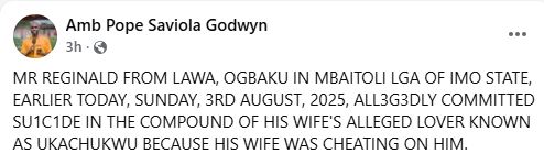 Man Commits Su!cide Over His Wife’s Alleged Infidelity in Imo