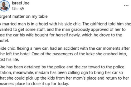 One Passenger K!lled As Side Chick Crashes Into Keke While Driving New Car Belonging To The Wife Of Her Lover