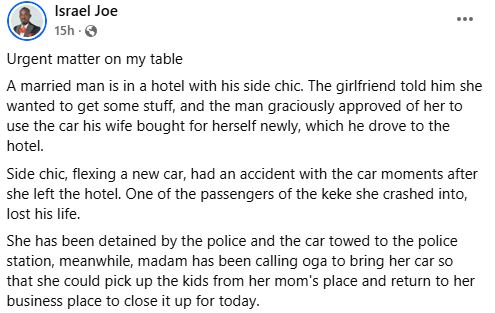 One Passenger K!lled As Side Chick Crashes Into Keke While Driving New Car Belonging To The Wife Of Her Lover