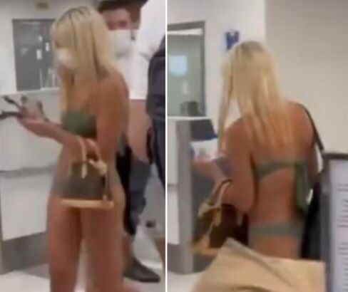 Shock As Woman Strolls Through An Airport Wearing Just A Bikini And Face Mask (Photos)