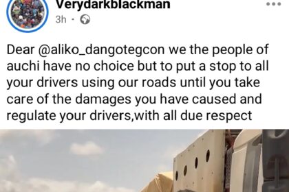 Tension in Edo: VeryDarkMan storms Auchi road, stops Dangote trucks from driving through (VIDEO)