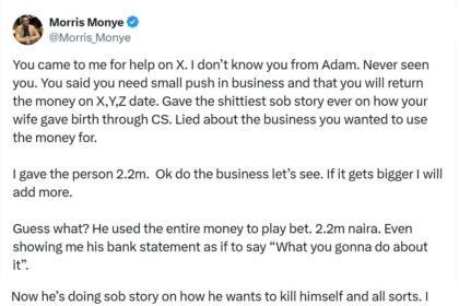 “He said his wife had CS” – X Influencer reveals how man blew ₦2.2m meant for business on betting
