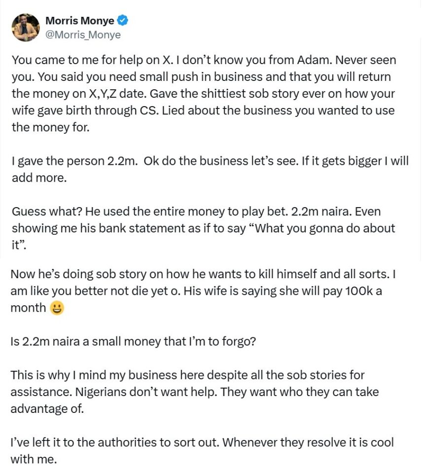 “He said his wife had CS” – X Influencer reveals how man blew ₦2.2m meant for business on betting