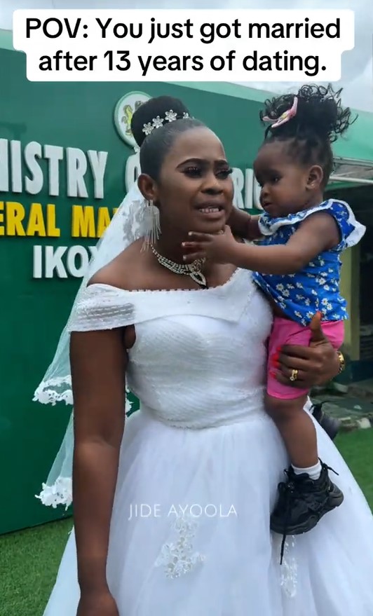 “Finally getting married after 13 years” – Bride shares emotional moment she got married legally to her fiancée after thirteen years of dating (WATCH)