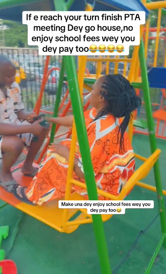 “If e reach your turn” – A lady and her husband decide to play on the swings at their children’s school at the end of a PTA meeting as part of an ongoing TikTok Challenge (WATCH)