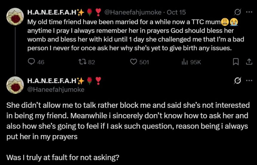 Lady reveals her friend bl0cked her for not asking about her delay in having children