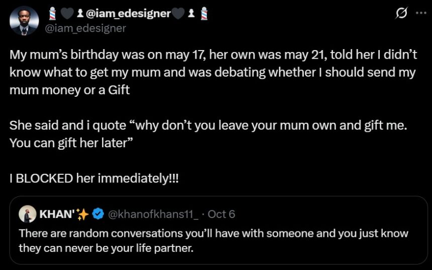 Man bl0cks girlfriend after sh0cking suggestion to ‘forget’ his mum on her birthday