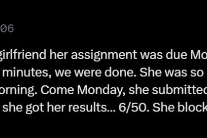 Man shares girlfriend’s reaction after he did her assignment and she scored 6/50