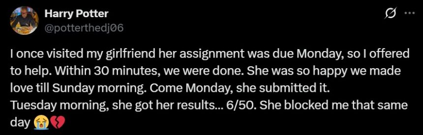 Man shares girlfriend’s reaction after he did her assignment and she scored 6/50