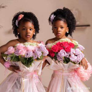 Mom shares creative way she styled her twin girls as flower bouquets for their birthday photoshoot.