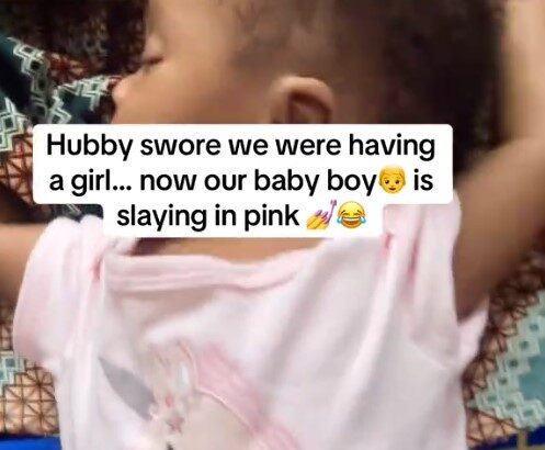 Mom stirs reactions online sharing funny moment her husband was sure they were having a baby girl and now their little son is slaying in pink feminine outfits.