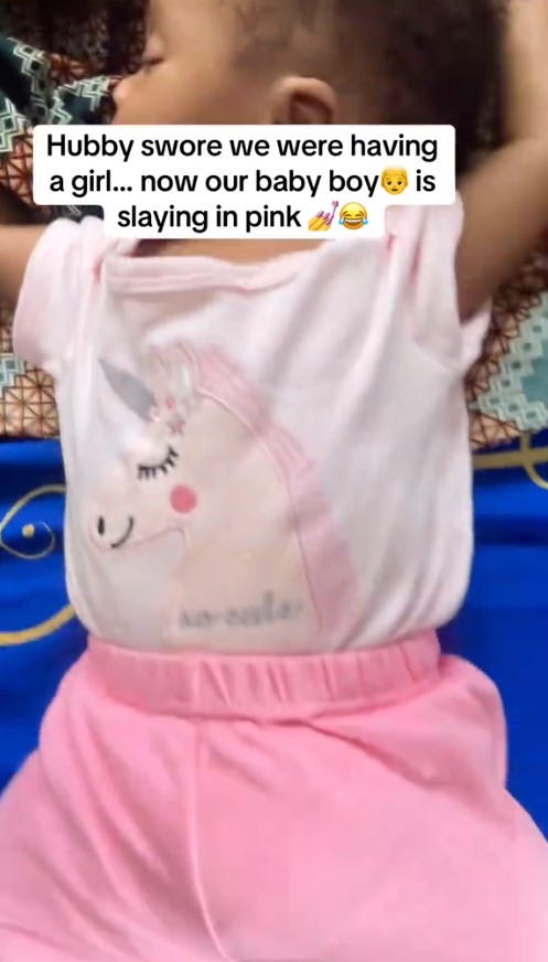 Mom stirs reactions online sharing funny moment her husband was sure they were having a baby girl and now their little son is slaying in pink feminine outfits.