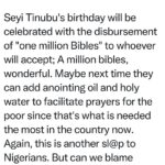 “Next time they can add anointing oil, holy water” – Daniel Regha reacts to Seyi Tinubu’s 1 million Bibles gift