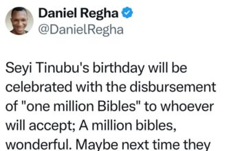 “Next time they can add anointing oil, holy water” – Daniel Regha reacts to Seyi Tinubu’s 1 million Bibles gift