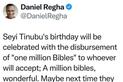 “Next time they can add anointing oil, holy water” – Daniel Regha reacts to Seyi Tinubu’s 1 million Bibles gift