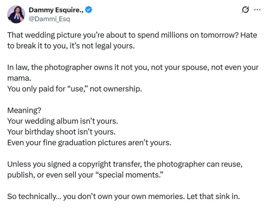 “That wedding photo is not legally yours” – Lawyer
