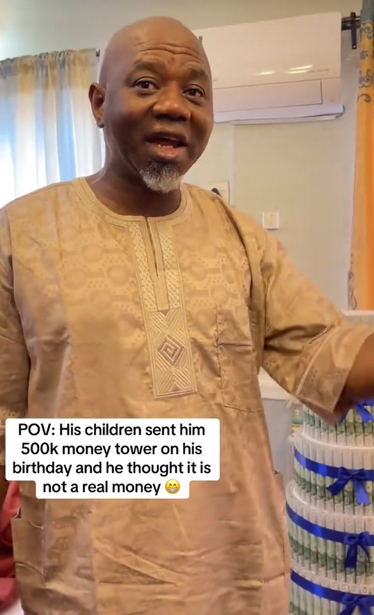 Vendor Shares Emotional Moment Client’s Children Surprised Their Dad With ₦500,000 Money Tower on His Birthday (WATCH)