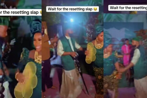 Drama as groom slaps lady after she packed money sprayed on him during wedding dance