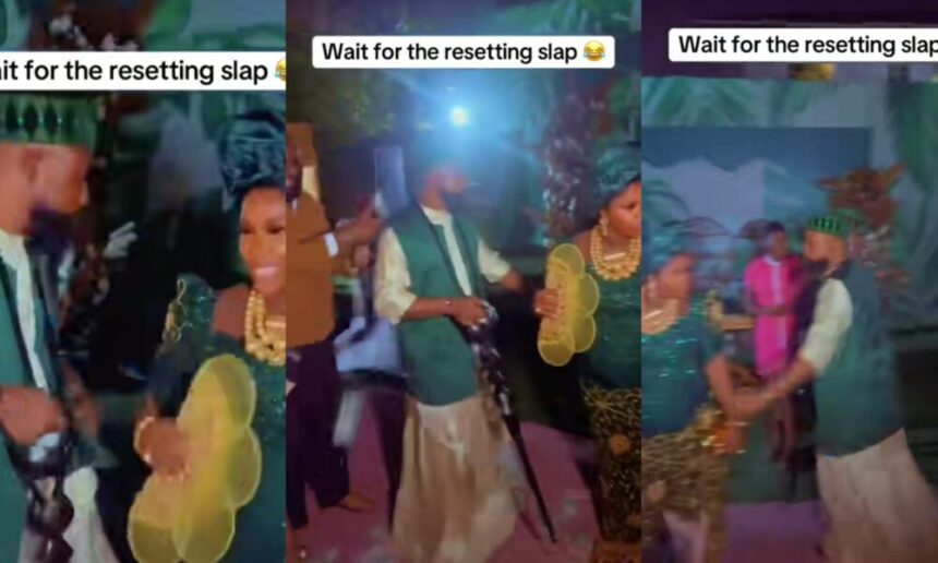 Drama as groom slaps lady after she packed money sprayed on him during wedding dance