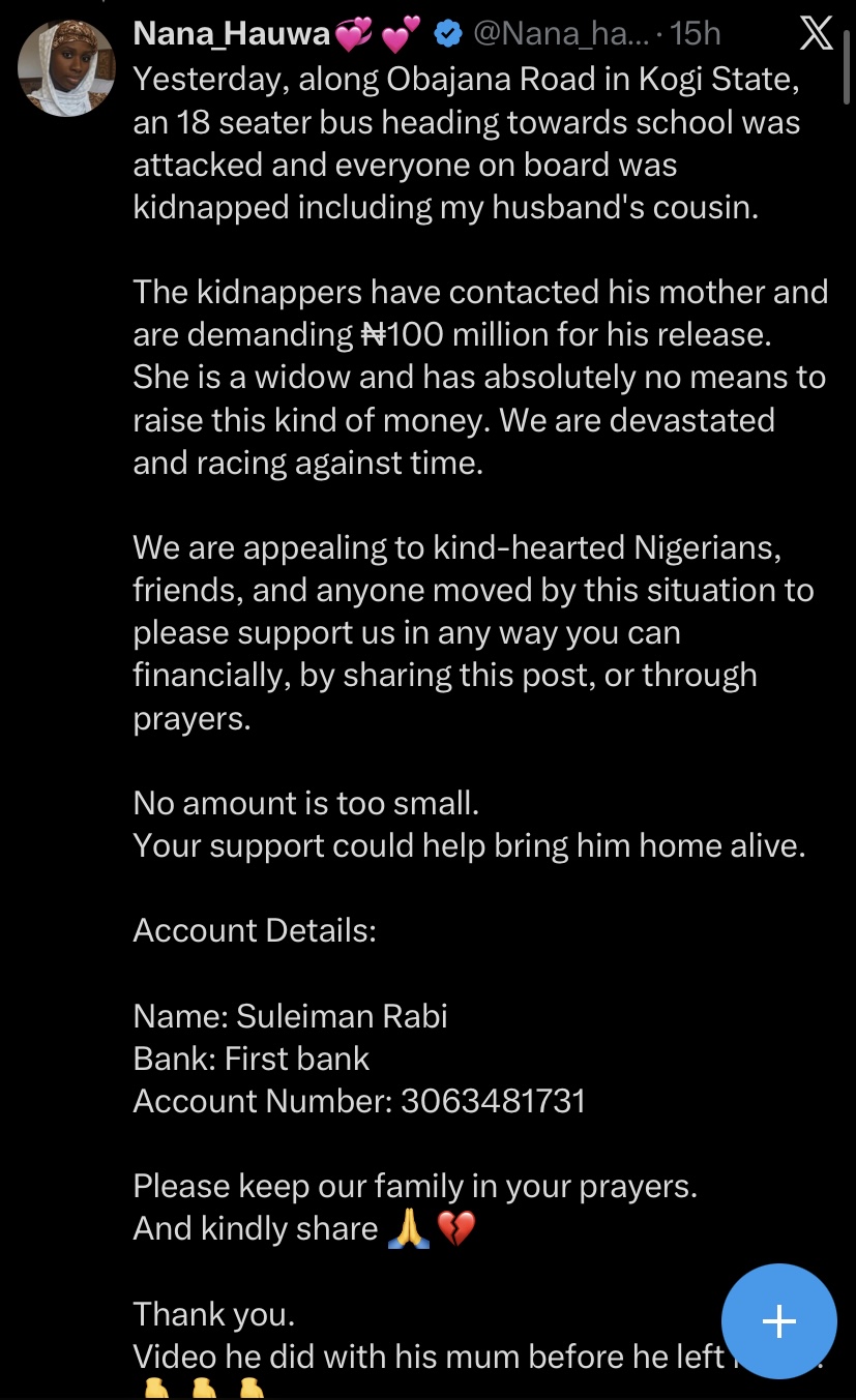 Lady cries out as bandits kidnap her cousin in Kogi while on his way to school