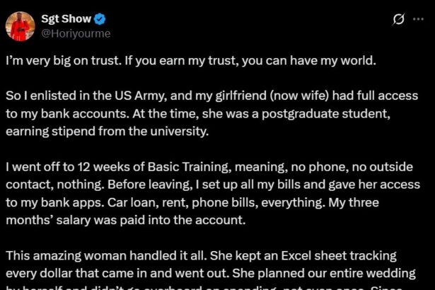 Man shares how his girlfriend earned his trust while he was in the US Army training
