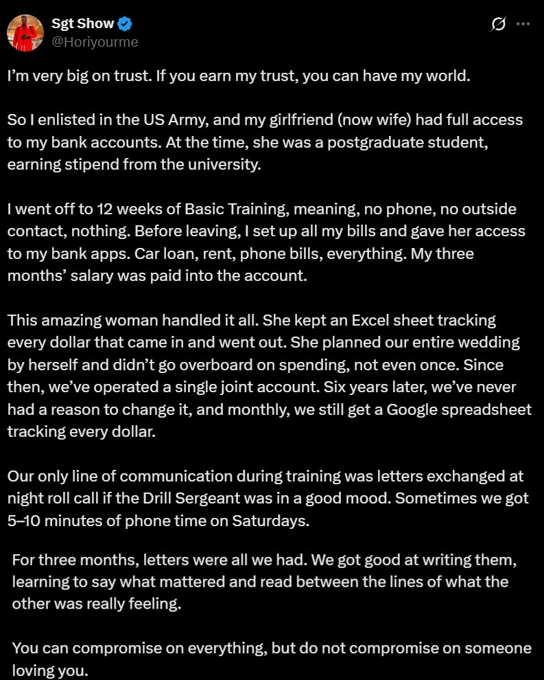 Man shares how his girlfriend earned his trust while he was in the US Army training