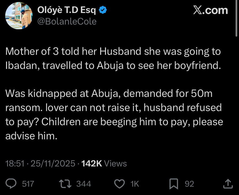 Mother of 3 kidnapped in Abuja on her way to boyfriend’s house