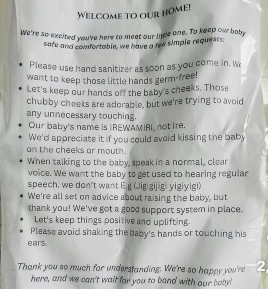 New parents’ rules for guests visiting their newborn spark conversation online