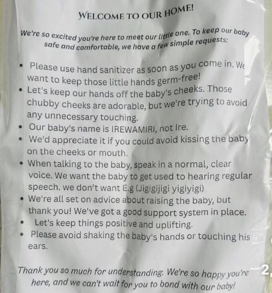 New parents’ rules for guests visiting their newborn spark conversation online