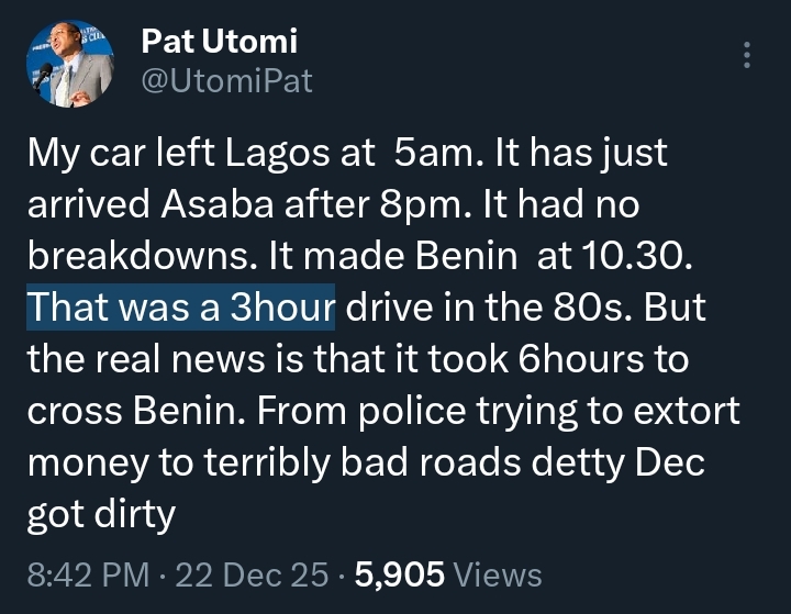 Detty December got dirty: Pat Utomi alleges police extortion during Lagos–Benin journey