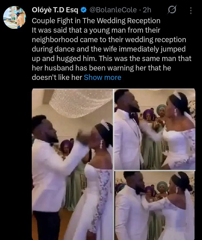 Drama as bride hugs male guest, groom loses temper at wedding reception