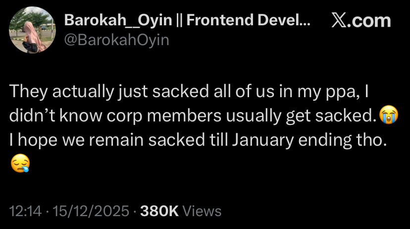 “I didn’t know Corps members get sacked” – NYSC lady confused as PPA sacks her