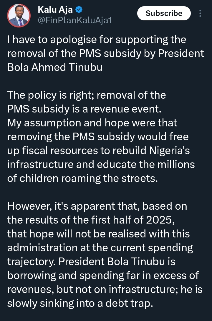 “I want to apologise for supporting removal of fuel subsidy by Tinubu” – Economist Aja