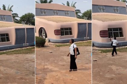 “I was scared to enter” – Lady shares video of gigantic house she saw built like a Mercedes car