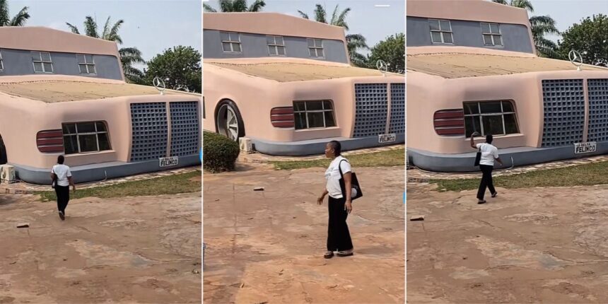 “I was scared to enter” – Lady shares video of gigantic house she saw built like a Mercedes car