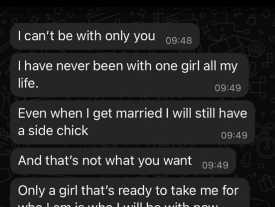 “I’ll always have a side chick” – Lady shares ‘unexpected’ breakup message she received from boyfriend