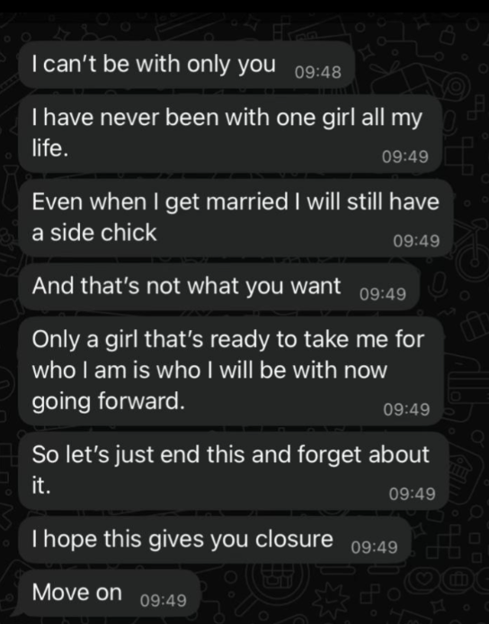“I’ll always have a side chick” – Lady shares ‘unexpected’ breakup message she received from boyfriend